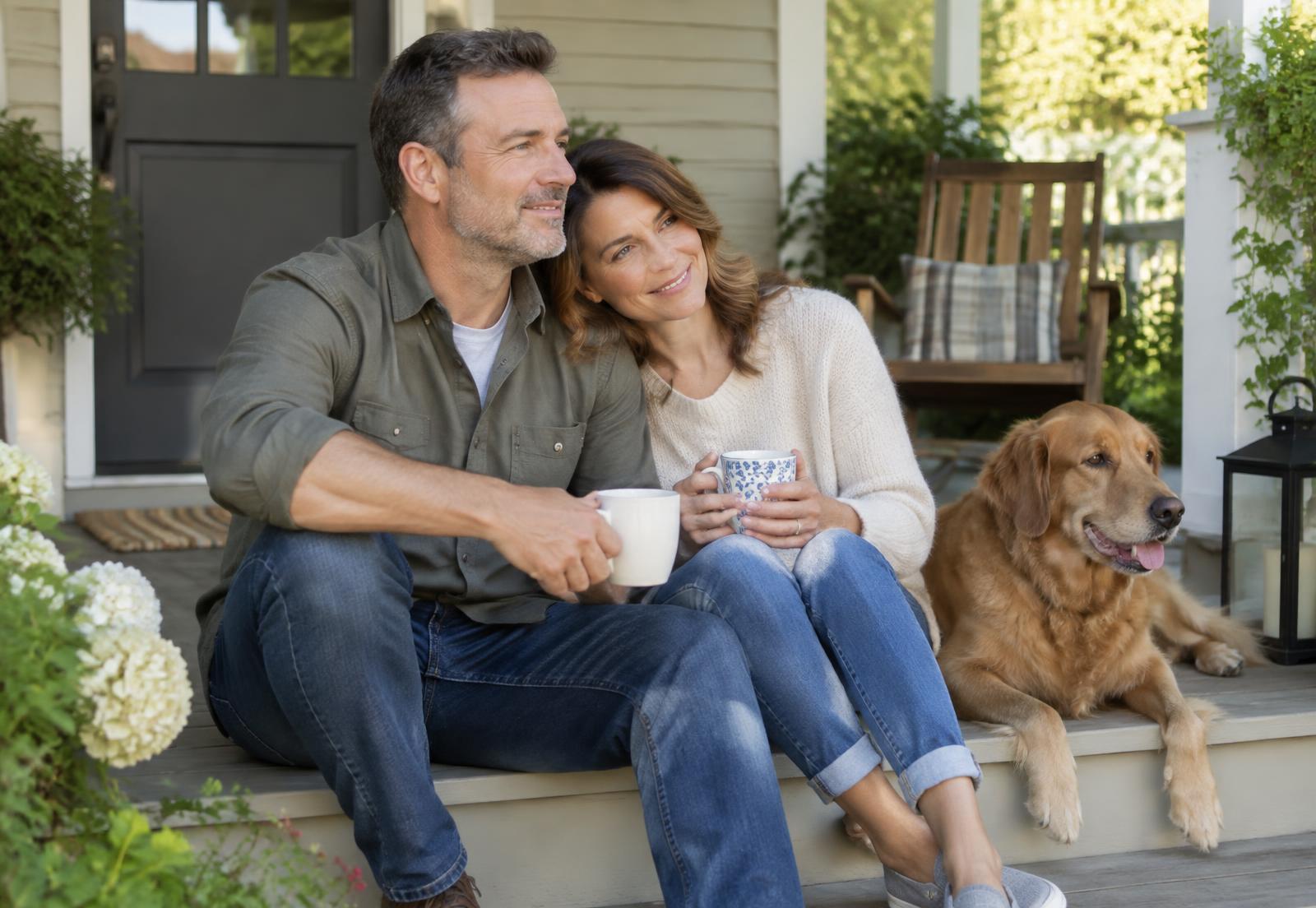 A couple relaxing together on their front porch